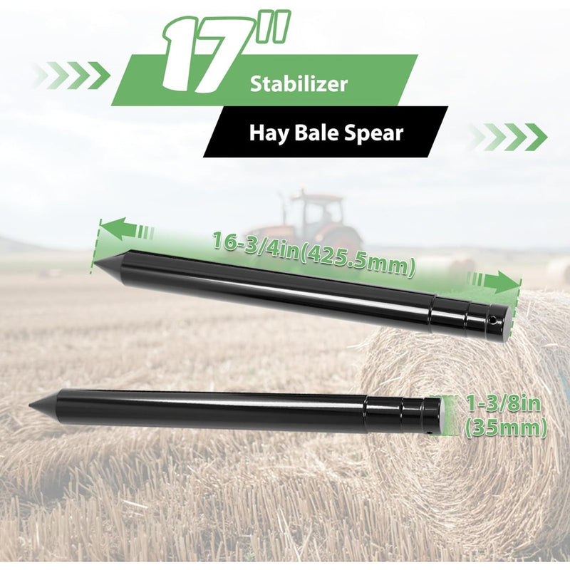 17" Hay Bale Spear Stabilizer for Skid Steer Mount Plate Tractors Loaders Hay Bale Forks Spike Attachment Black Powder Coated Pair 3,000 lb