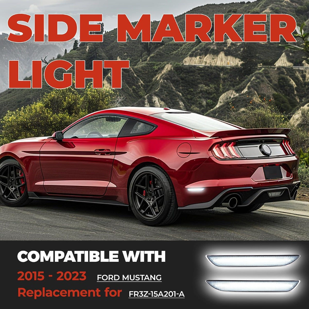 HECASA Side Marker Light Compatible with 2015-2023 Ford Mustang Rear Side Marker Lamp Reflector Left & Right Replacement for FR3Z15A201A FR3Z15A101A Clear Lens White LED