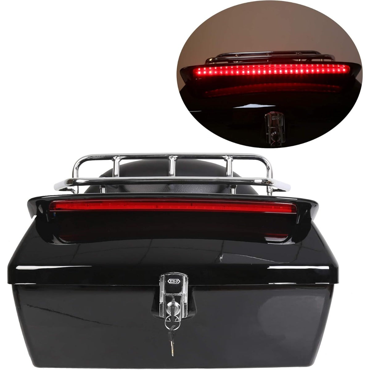 Black Universal Hard Saddle Bag Trunk Tail Box w/Top Rack & Backrest & Tail Light for Yamaha Cruiser