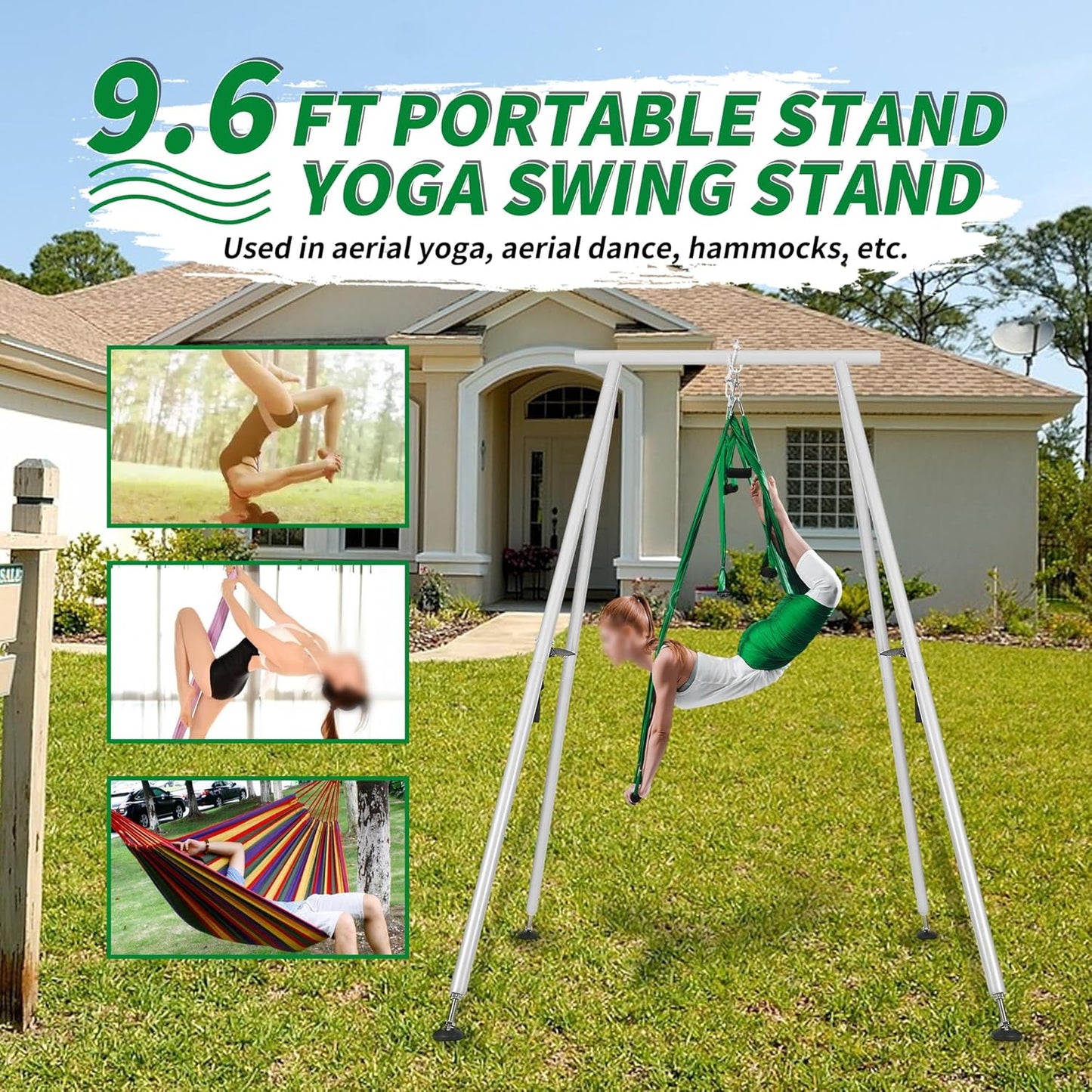 9.6 FT Portable Stand Yoga Swing Stand 551 LBS Aerial Yoga Frame Yoga Sling Inversion Equipment Steel Silvery for Indoor and Outdoor Triangle Structure LYOM-120T-1