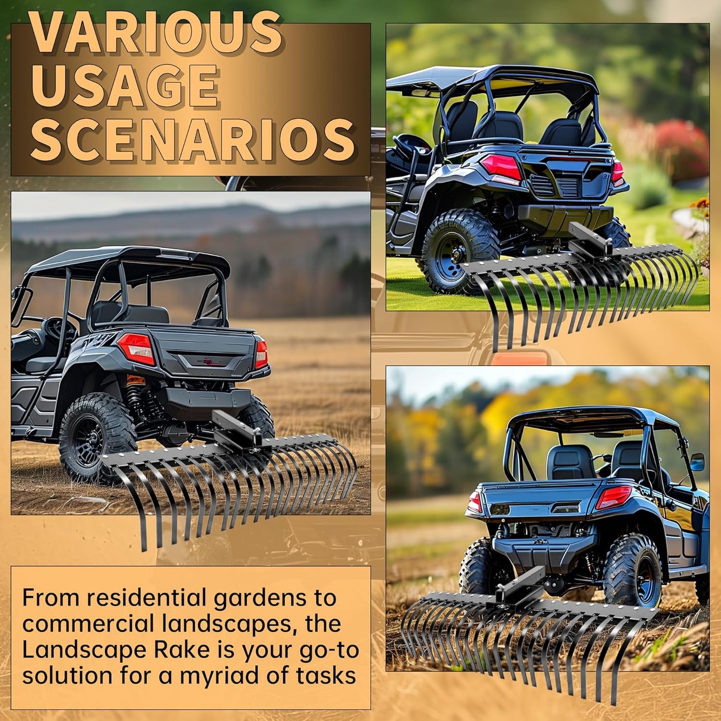 60 Inch Landscape Rake Pine Straw Rake Tractors Rake Fit for 2 Inch Receiver ATV UTV SxS Features 48inches or 60inches Accessory Tool Bar & 3 Point Hitch System Powder Coated Steel LYOM-003