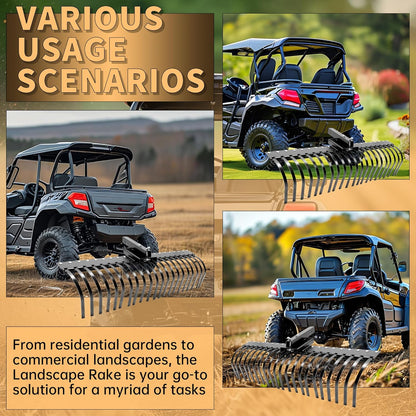 60 Inch Landscape Rake Pine Straw Rake Tractors Rake Fit for 2 Inch Receiver ATV UTV SxS Features 48inches or 60inches Accessory Tool Bar & 3 Point Hitch System Powder Coated Steel LYOM-003