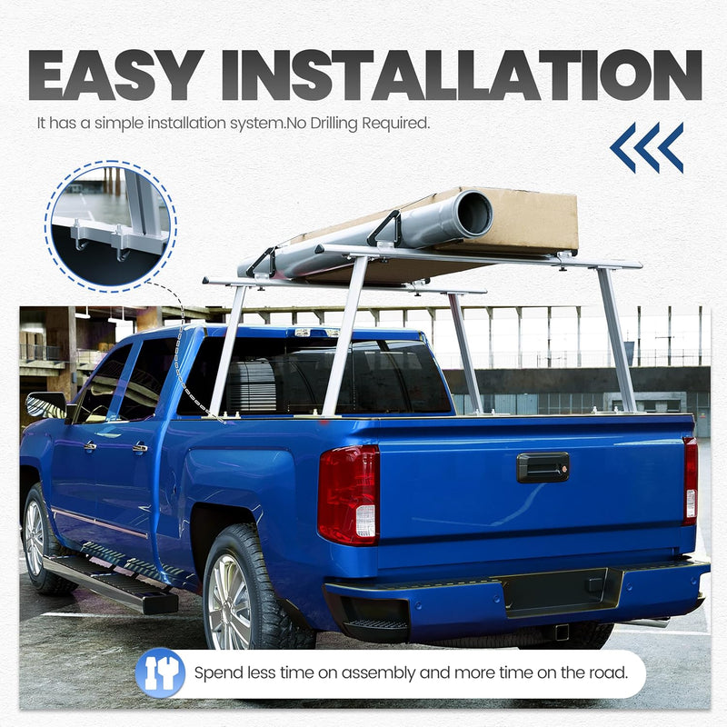 Adjustable Truck Ladder Rack Compatible with Most Full Size and Compact Trucks Contractor Pipe Lumber Rack (No Drilling Required) 1,000lbs Weight Capacity Silvery LYAM-791
