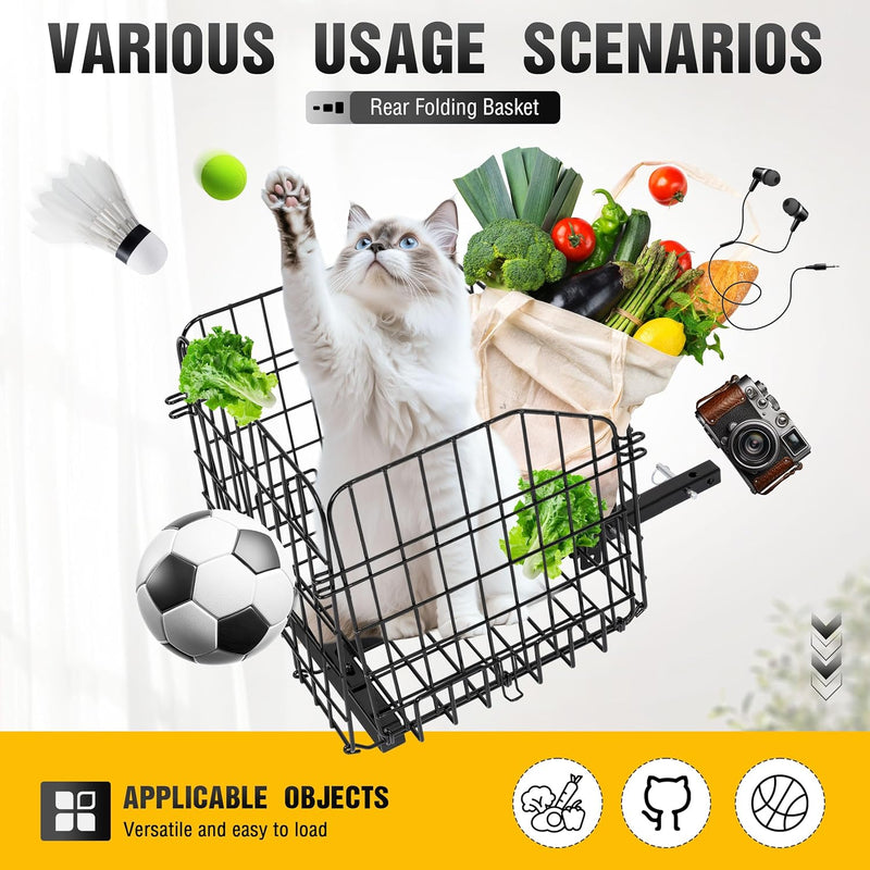 Rear Folding Basket Compatible with Most Pride Mobility Scooters Waterproof Made of Steel and Works with 1inches Receiver Storage Cargo Basket Black LYMM-154