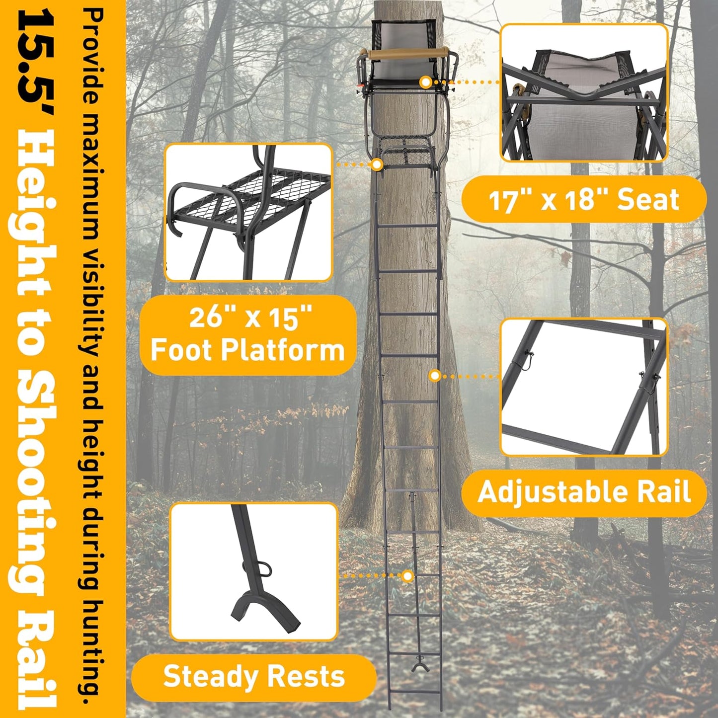 Ladder Tree Stand with Mesh Seat, 15.5' Climbing Equipment Accessories for Deer Hunting, Adjustable Shooting Rail, 300 LBS LYOM-099