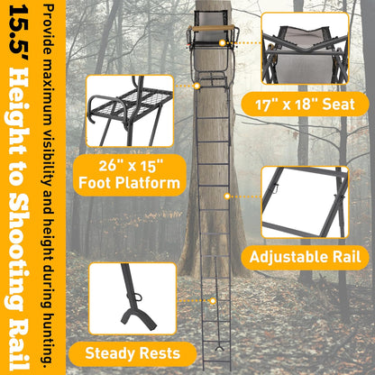 Ladder Tree Stand with Mesh Seat, 15.5' Climbing Equipment Accessories for Deer Hunting, Adjustable Shooting Rail, 300 LBS LYOM-099