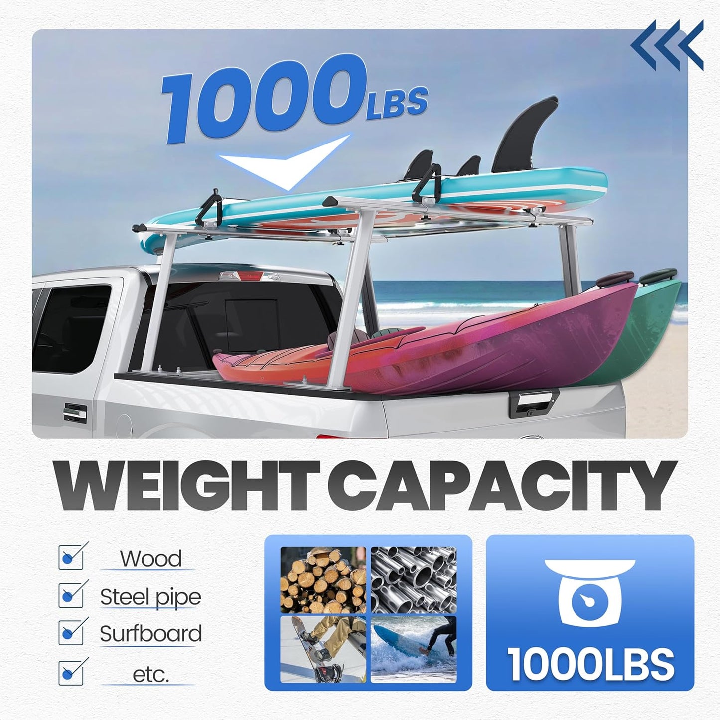 Adjustable Truck Ladder Rack Compatible with Most Full Size and Compact Trucks Contractor Pipe Lumber Rack (No Drilling Required) 1,000lbs Weight Capacity Silvery LYAM-791