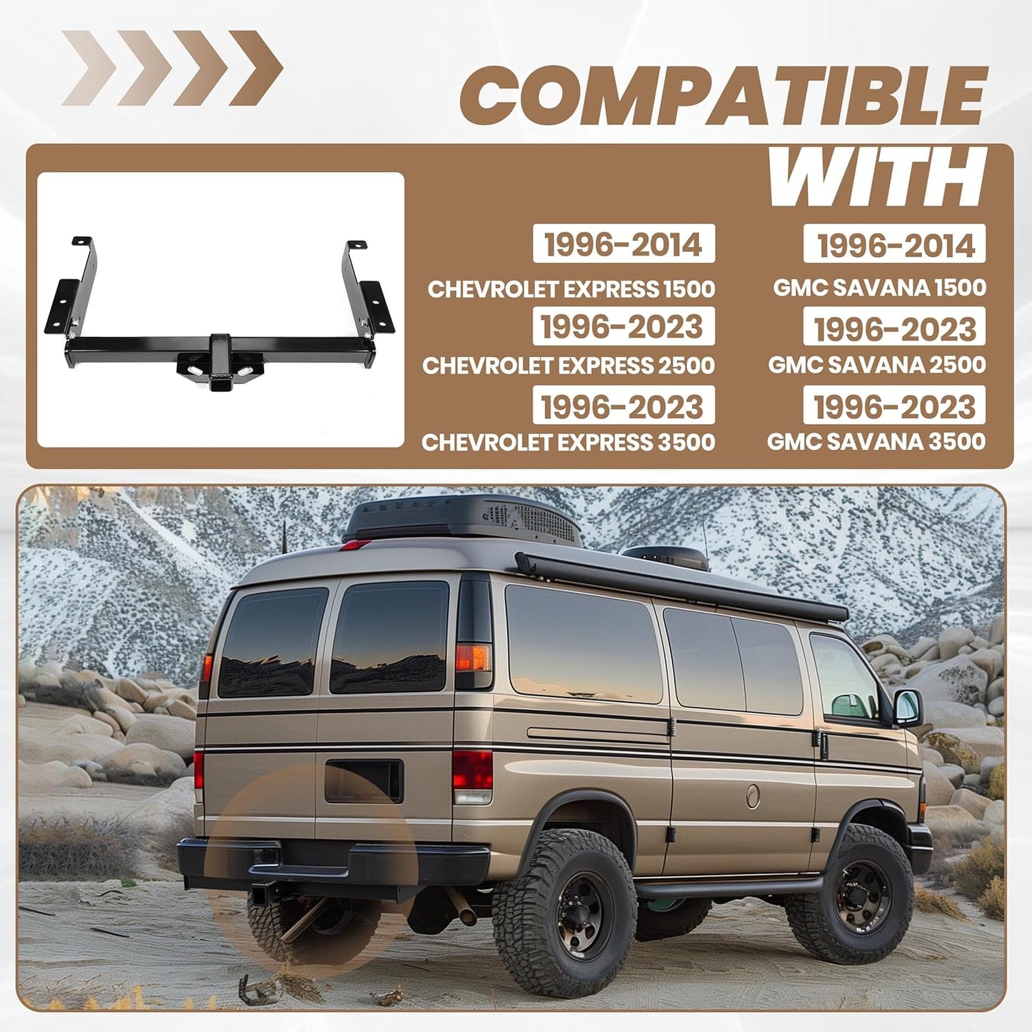 2 Inch Class 3 Trailer Hitch Compatible with 1996-2023 Chevrolet Express 1500 2500 3500 GMC Savana 1500 2500 3500 Towing Hitch Mount Receiver LYAM-693