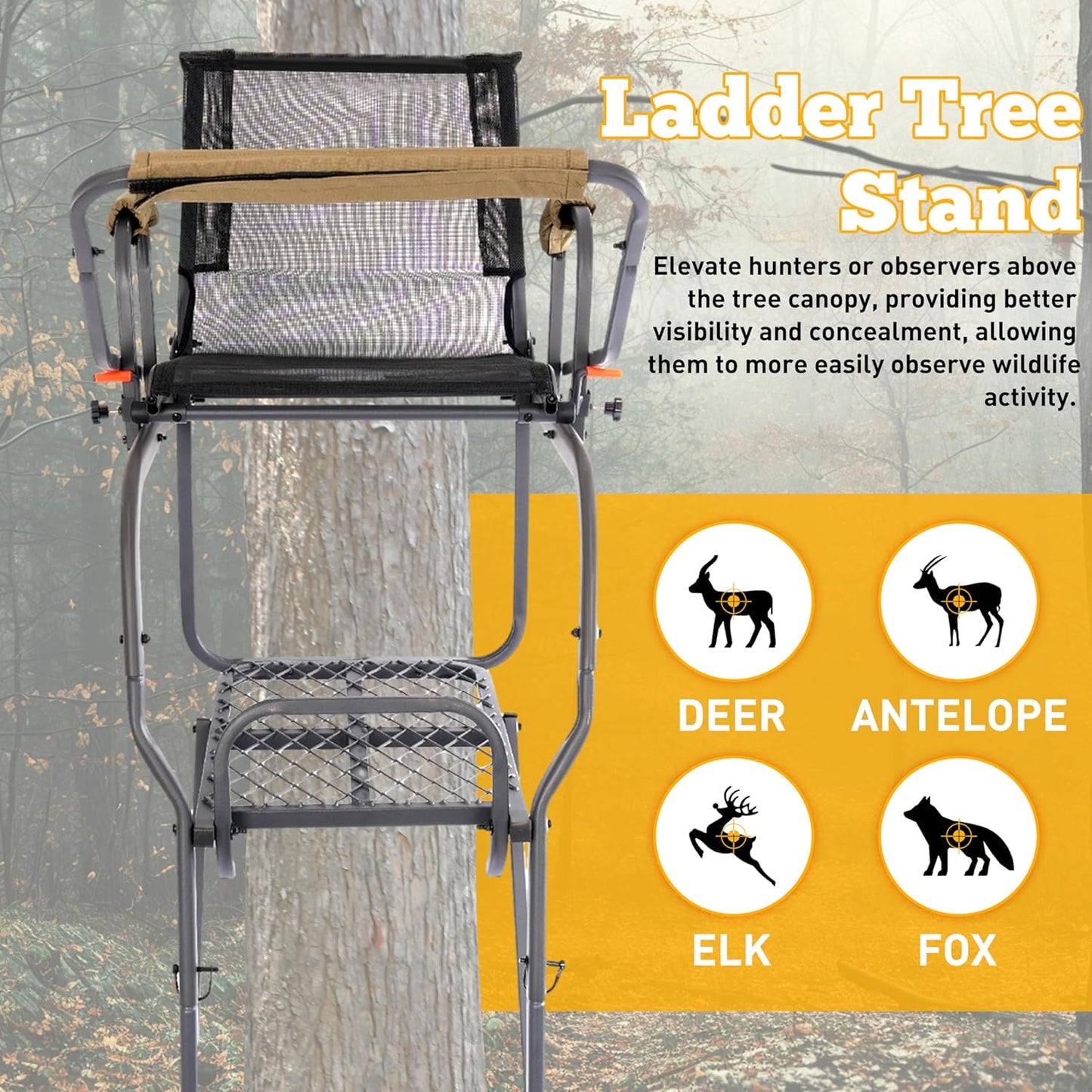 Ladder Tree Stand with Mesh Seat, 15.5' Climbing Equipment Accessories for Deer Hunting, Adjustable Shooting Rail, 300 LBS LYOM-099