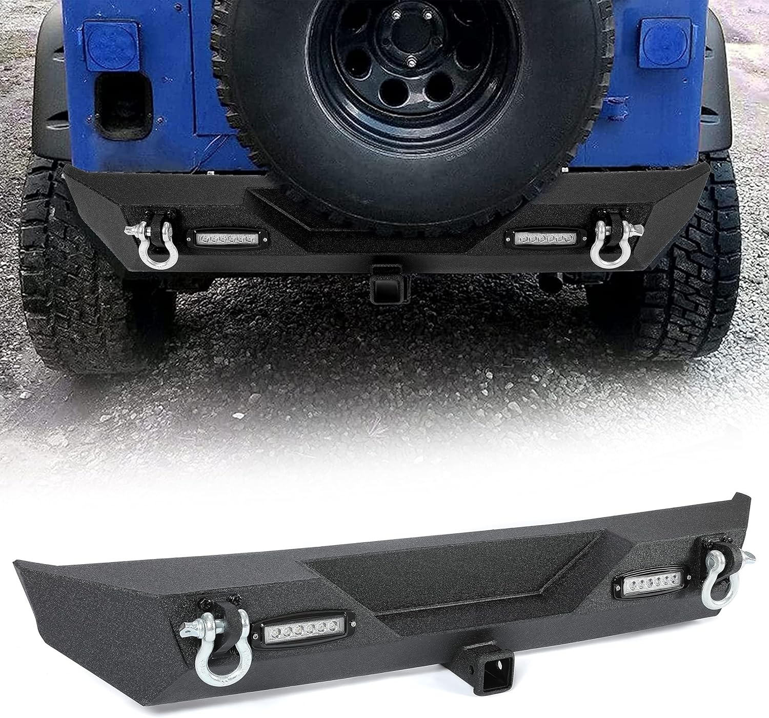Rear Bumper Compatible with 1987-2006 Jeep Wrangler TJ YJ With LED Lights 2inches Hitch Receiver D-rings Off-Road Style Black Texture LYAM-301S