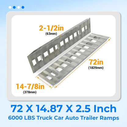 72 X 14.87 X 2.5 Inch 6000 LBS Truck Car Auto Trailer Ramps Aluminum Universal Loading Ramp for Motorcycle Tractor ATV/UTV Trucks Lawn Mower Hook Attaching End Knife Foot Silver