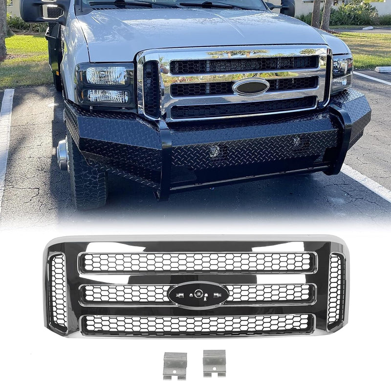 HECASA Front Grille Compatible with 1999-2004 Ford Super Duty F-250 F-350 Excursion (New Front Chrome Grille) 2006 Style W/Detachable Mesh Insert LYAP-006F