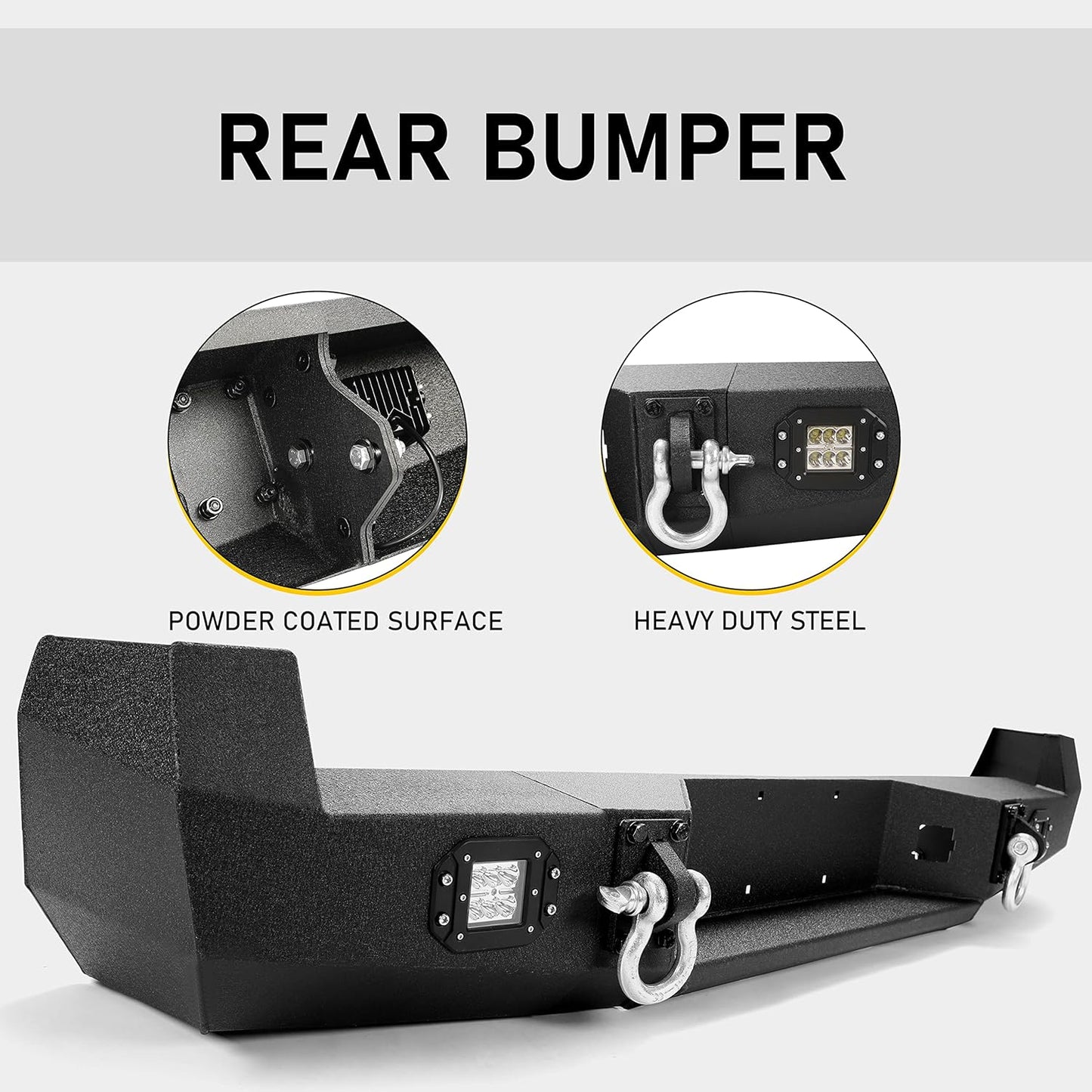 Rear Bumper Compatible with 2005-2015 Toyota Tacoma w/ 18W Led Lights License Plate D-Rings Step Bumper Steel Powder Coated Black LYAM-032SA+LYAM-032SB
