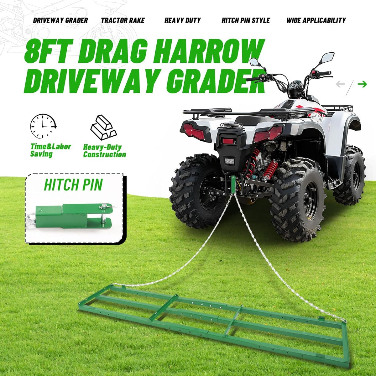 8FT Drag Harrow Driveway Grader Heavy Duty Tow Behind Drag Lawn Leveling Rake for UTV ATV Tractor Mower Land Leveler Lawn Leveling Rake W/ 6FT Chain (Green)