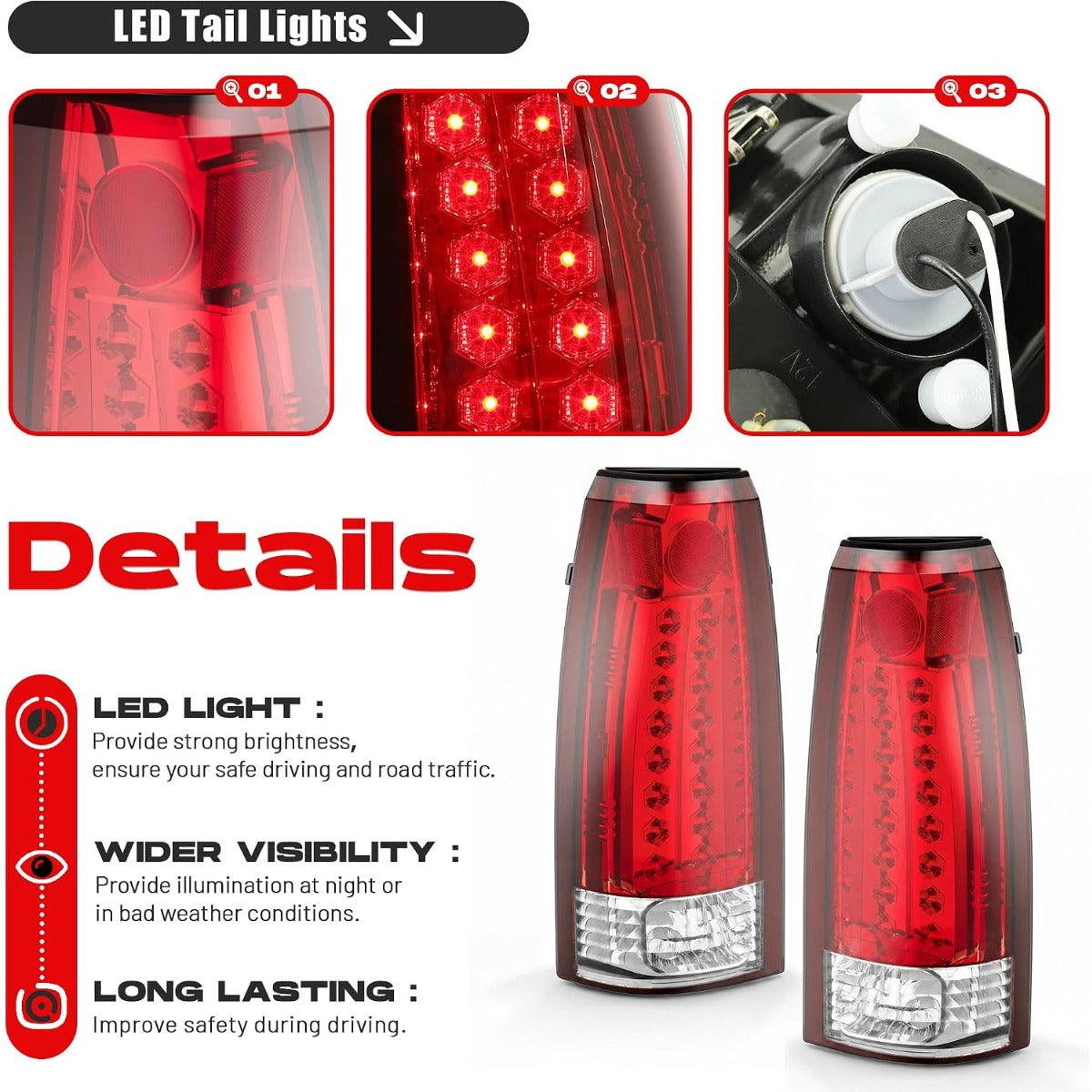 HECASA LED Tail Lights Compatible with 1988-2000 Silverado Suburban C/K