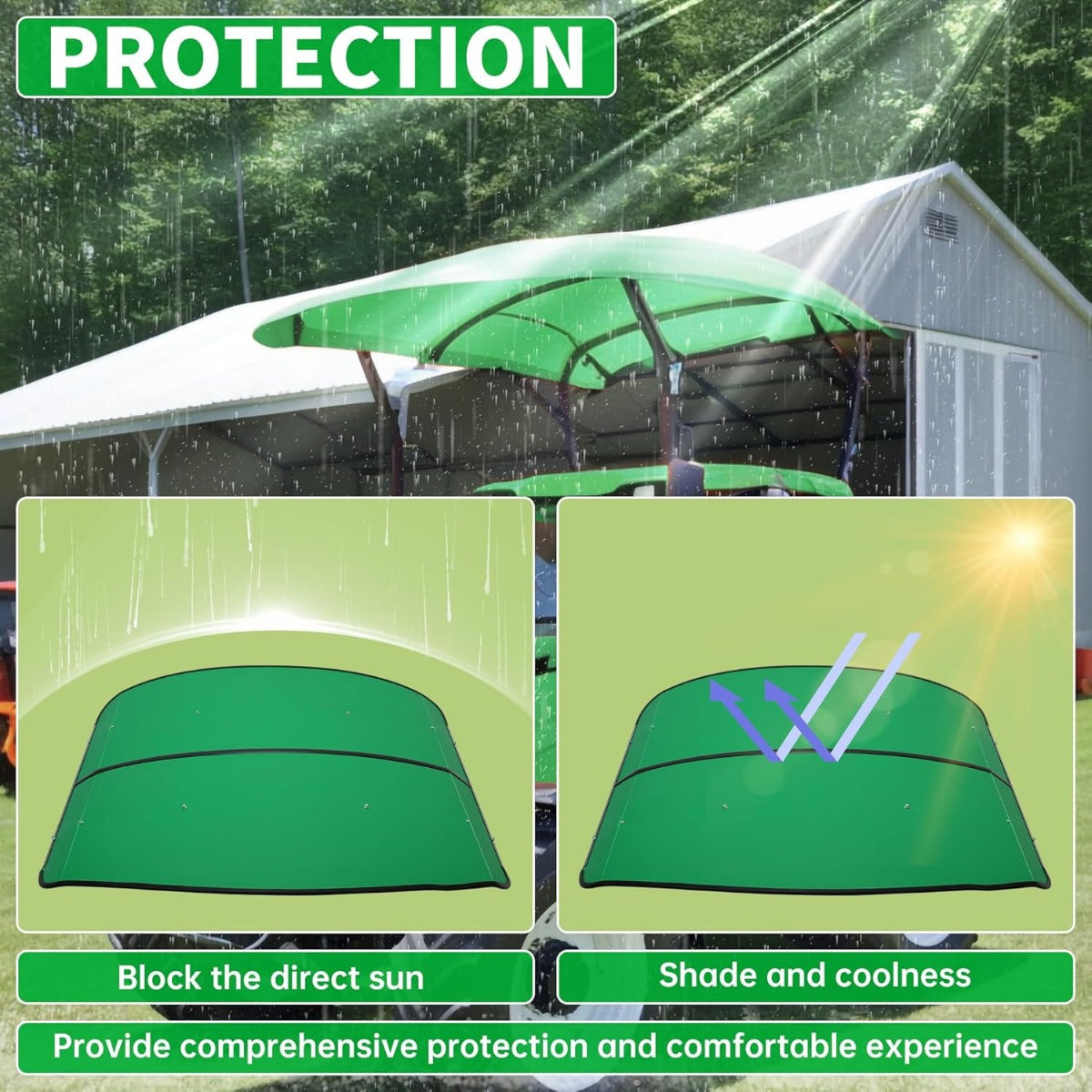 Green Tractor Canopy Compatible with All ROPS 48-3/8 Inches X 48-3/8 Inches Equipped Tractors and Mowers with a 2 Inches x 2 Inches or 2 Inches x 3 Inches ROPS (Will Add About 4 Inches to The Height of The Tractor) LYJD-031S-1