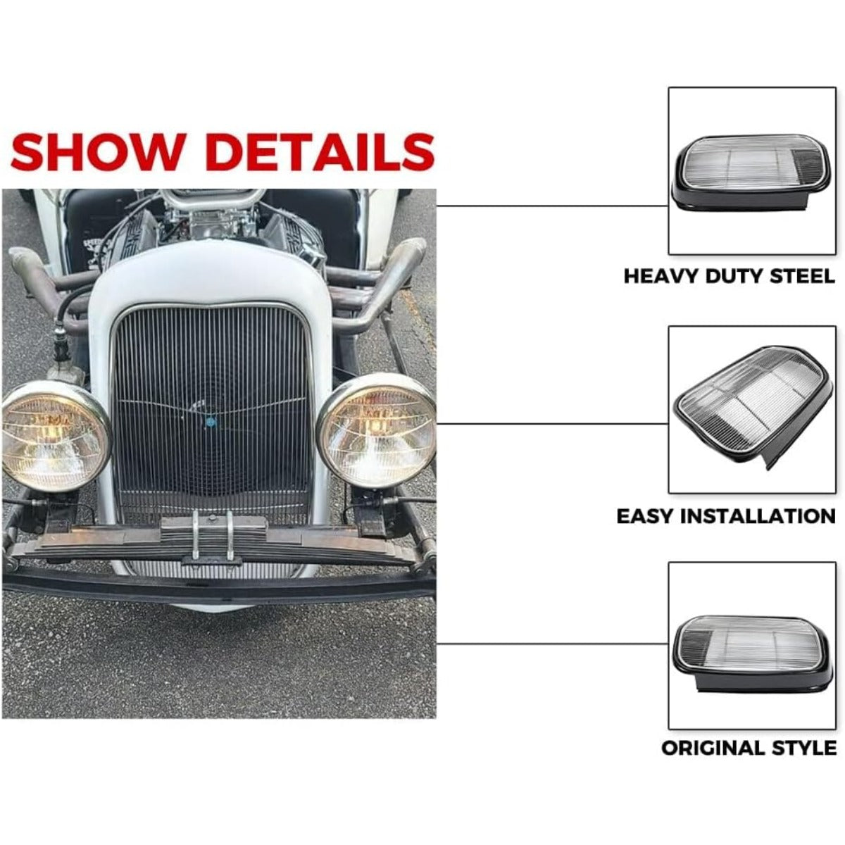 Front Grille Shell + Insert Compatible with Ford 1932 Models Model B/BB / 18 Polished Stainless Steel (Without Crank Hole) LYAM-414S-1