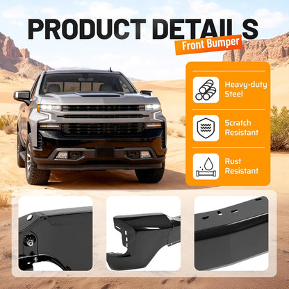 ALMULOO Front Bumper Face Bar 3Pcs Compatible with 2019-2022 Chevy Silverado 1500 W/O Park Assist Sensor Holes Replacement for GM1002875 84588804 Front Bumper Cover Steel Powder Coated Black