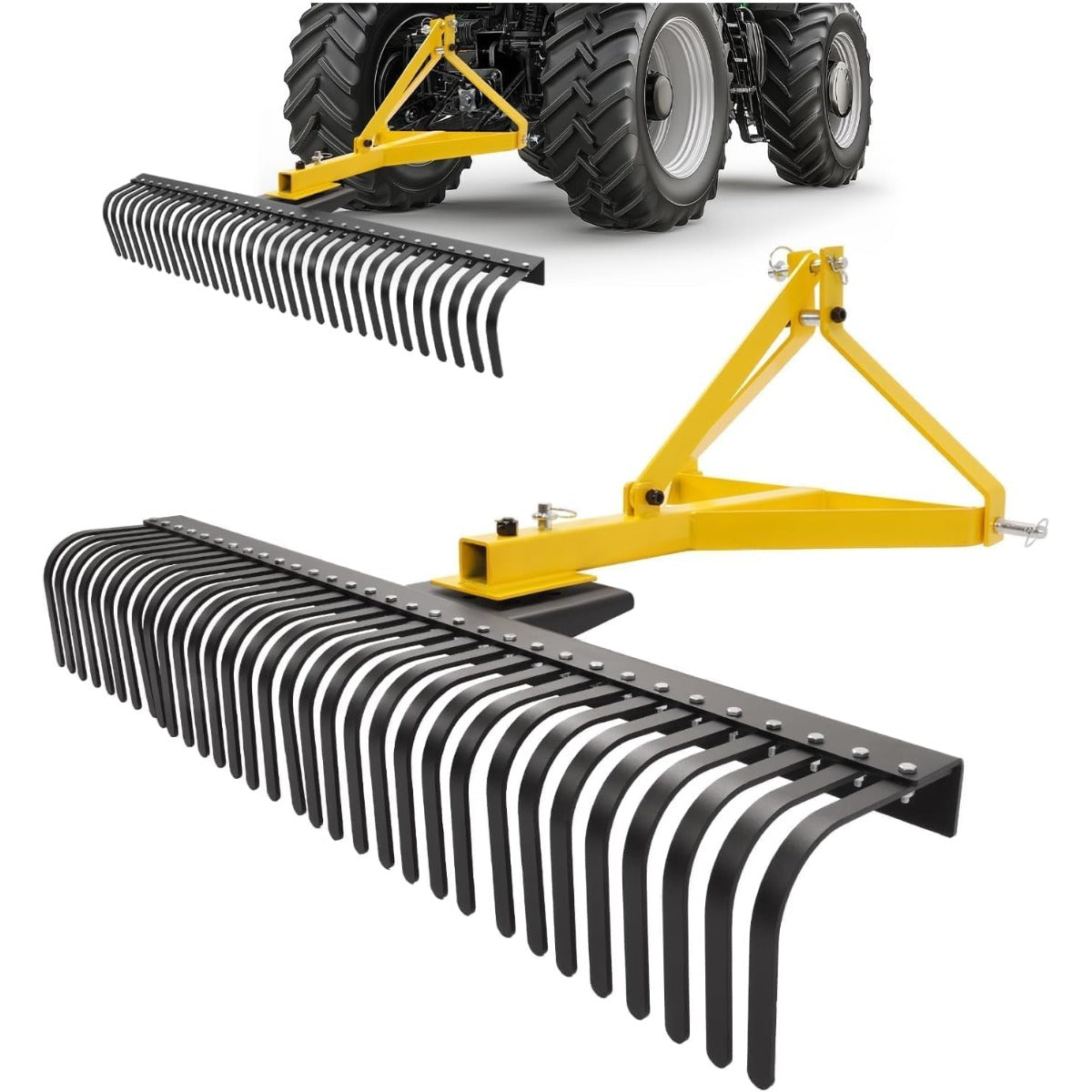 60In Landscape Rake, 3 Point Rake, 360 Rotation Compatible with Category 1, Cat1 Tractors Tow-Behind Garden Tool for Garden, Farm, Clearing Brush, Raking Arenas 2 Package Yellow