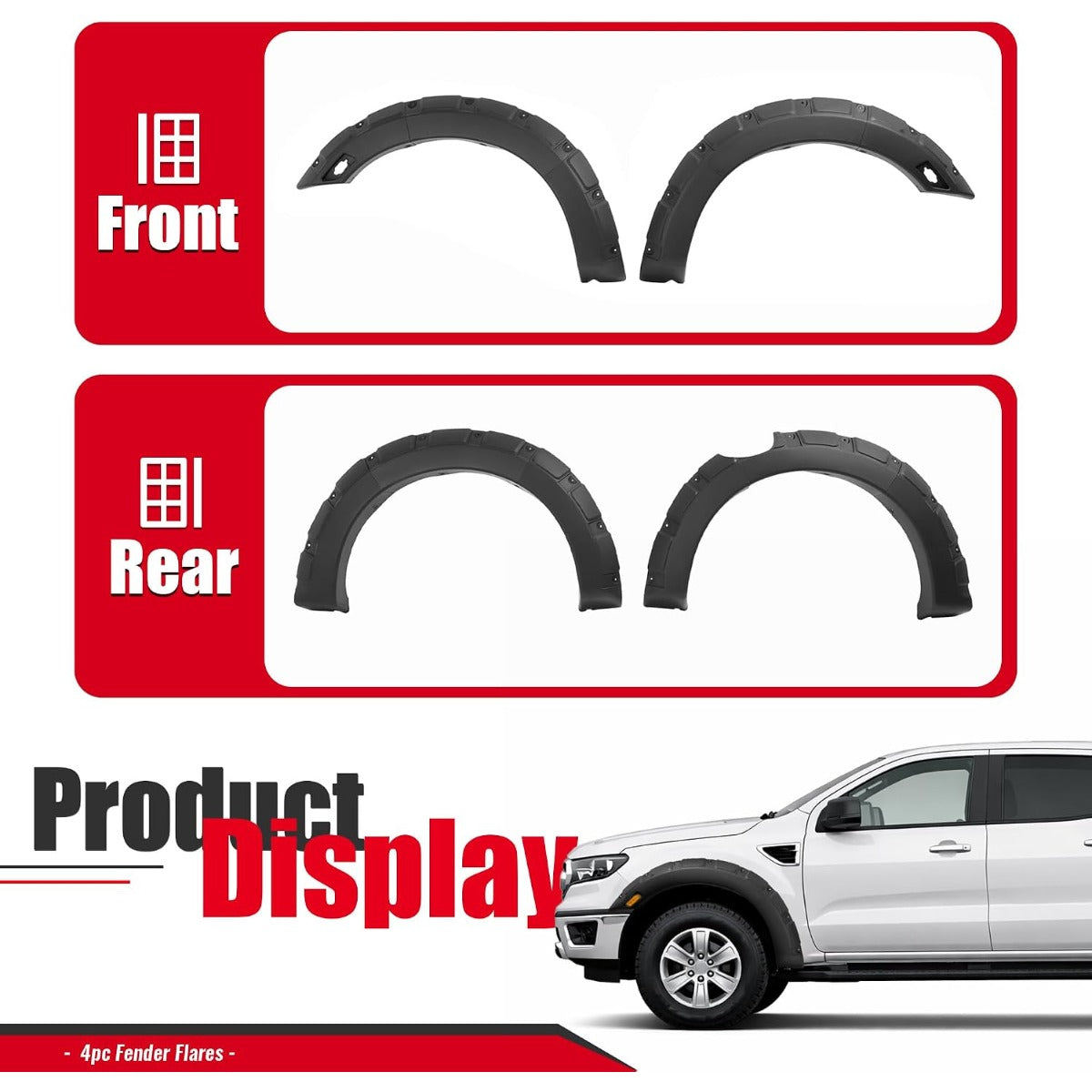 6.1' Beds Fender Flares Compatible with 2019-2023 Ford Ranger Pocket Rivet Fender Flares Plastic(PP) Textured Black 4 Pcs