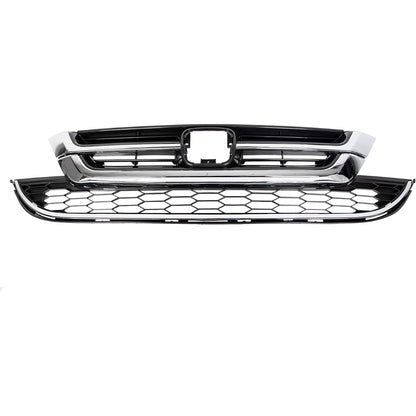 Front Upper Bumper Hood Grill & Lower Mesh Chrome Grille Compatible with 2010-2011 Honda CRV CR-V