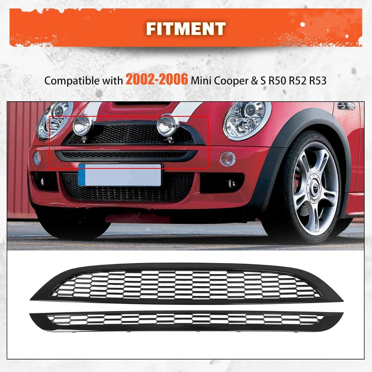 Front Upper & Lower Grill Compatible with 2002-2006 Mini Cooper R50 R52 R53 Bumper Hood Honeycomb Mesh Grille Glossy Black 2PCS