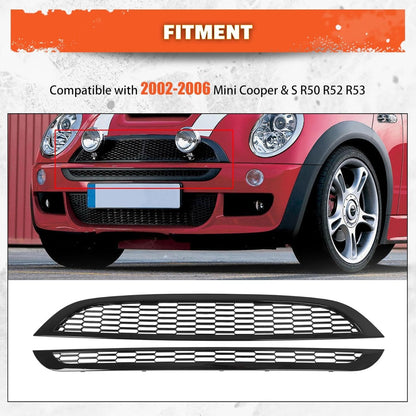 Front Upper & Lower Grill Compatible with 2002-2006 Mini Cooper R50 R52 R53 Bumper Hood Honeycomb Mesh Grille Glossy Black 2PCS