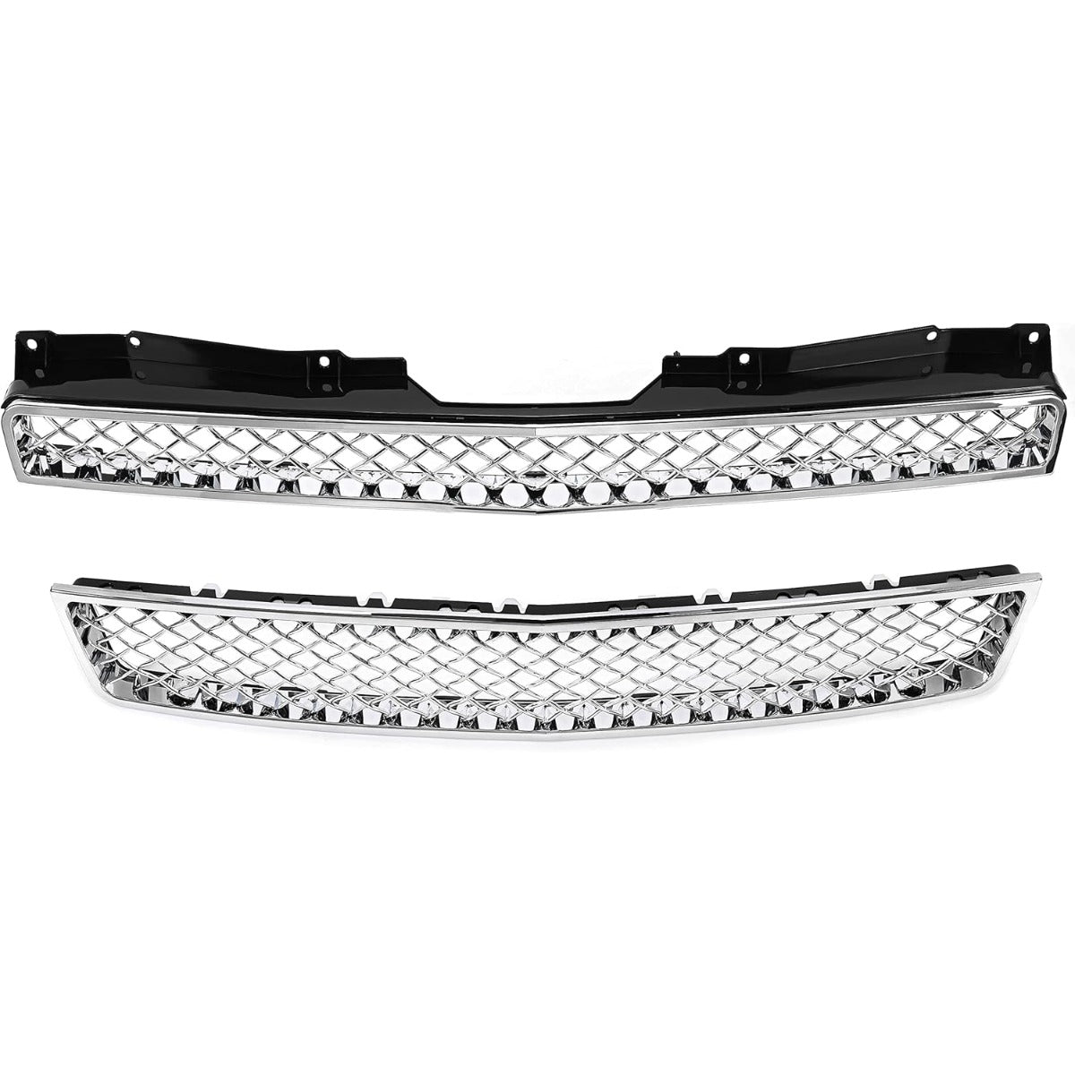 Upper & Lower Mesh Grille Compatible with 2007-2014 Chevy Chevrolet Avalanche Tahoe Suburban 1500 2500 Replacement for GM1200596 GM1200563 GM1200590 GM1200609 - Chrome Silvery