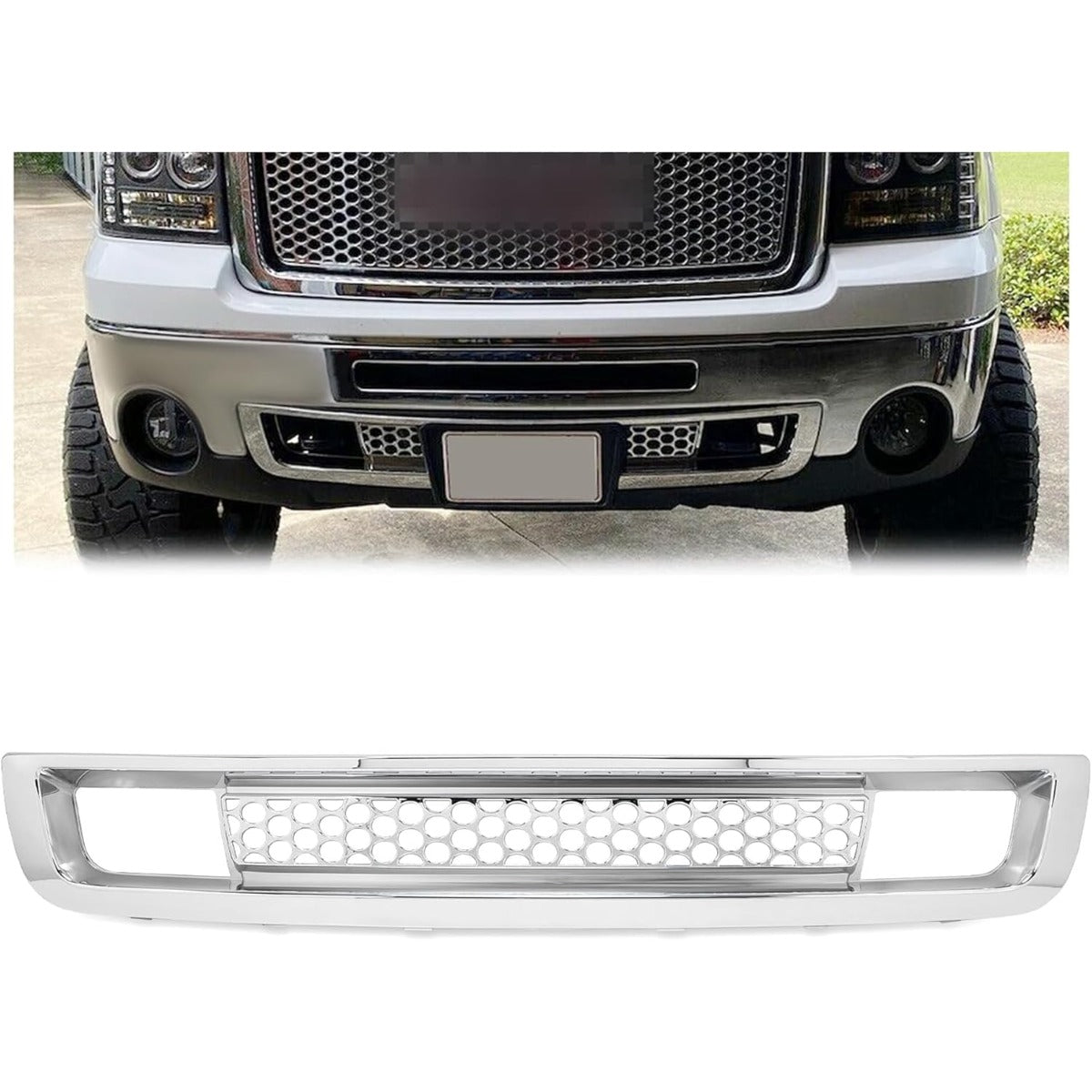 Front Bumper Lower Grille Compatible with 2007-2013 GMC Sierra 1500 Denali Replacement for GM1036131 Bumper Grill Chrome Silver