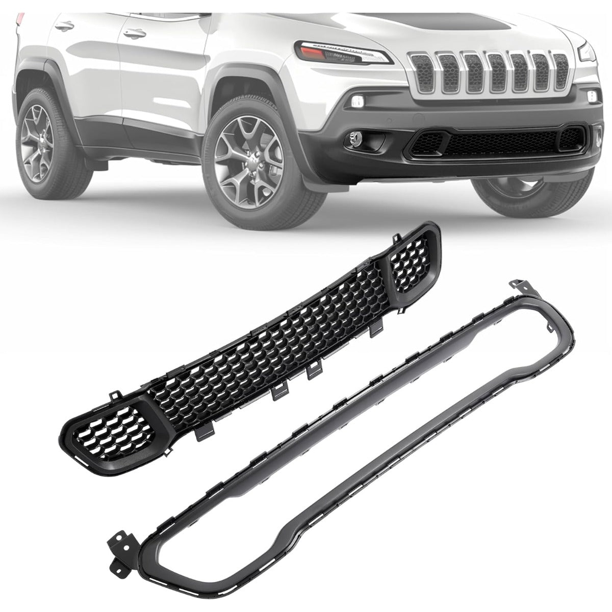 Front Bumper Trim+Lower Grille Compatible with 2014-2018 Jeep Cherokee CH1044112, 68210024AC, 68203216AA, CH1036126 Bumper Cover Molding Trim Grill Plastic(ABS) Black