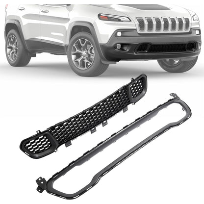 Front Bumper Trim+Lower Grille Compatible with 2014-2018 Jeep Cherokee CH1044112, 68210024AC, 68203216AA, CH1036126 Bumper Cover Molding Trim Grill Plastic(ABS) Black