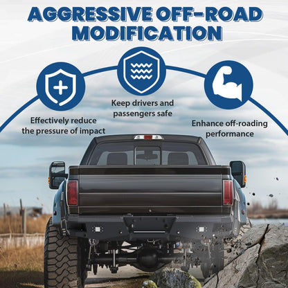 ECOTRIC Offroad Rear Bumper Compatible with 1999-2016 Ford F250 F350 Super Duty, W/2 18W LED Lights Powder Coated Heavy Duty Steel Black