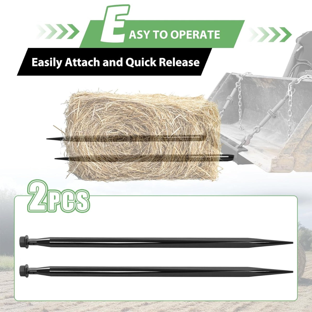 47 Inches Hay Bale Spear Pair 3000 lbs Capacity Fit for Skid Steer Tractors Loaders Buckets Cranes Bale Quick Attach Spike Forks Black Steel Powder Coated