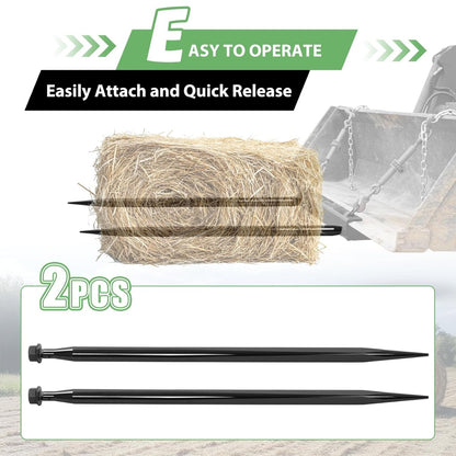 47 Inches Hay Bale Spear Pair 3000 lbs Capacity Fit for Skid Steer Tractors Loaders Buckets Cranes Bale Quick Attach Spike Forks Black Steel Powder Coated