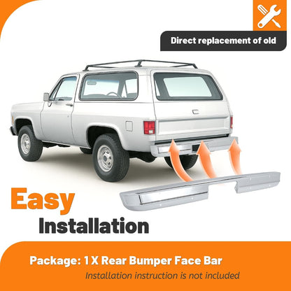 KUAFU Rear Bumper Face Bar Compatible with 1973-1980 Chevy Chevrolet GMC K5 K10 K20 C10 C20 C30 K15/K1500 K25/K2500 C25/C2500 C35/C3500 Suburban Pickup Jimmy Blazer Fleetside Steel Chrome Silvery
