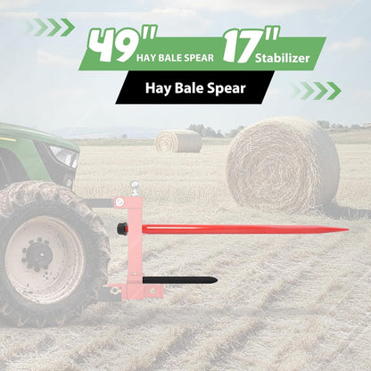 49 Inches Hay Bale Spear 3000 lbs W/Stabilizers Pair Fit for Skid Steer Tractors Loaders Hay Bale Forks Tractor Attachment Quick Attach Spears 3PCS Red Steel