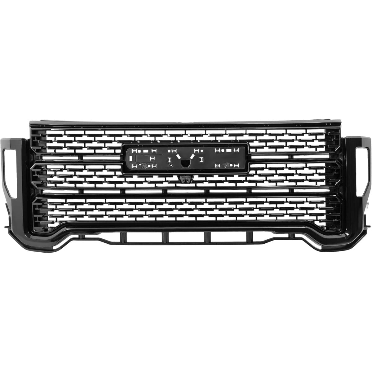 ALMULOO Grill Compatible with 2020-2023 GMC Sierra 2500HD 3500HD Denali w/Camera Hole Front Bumper Grille Plastic (ABS) Gloss Black Replacement for 84656390
