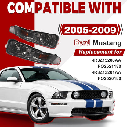HECASA Pair Turn Signal Lights Compatible with 2005-2009 Ford Mustang Replacement for FO2521180 FO2520180 Front Bumper Lights Side Marker Lamps Plastic Left & Right Side Smoke Lens Chrome Housing