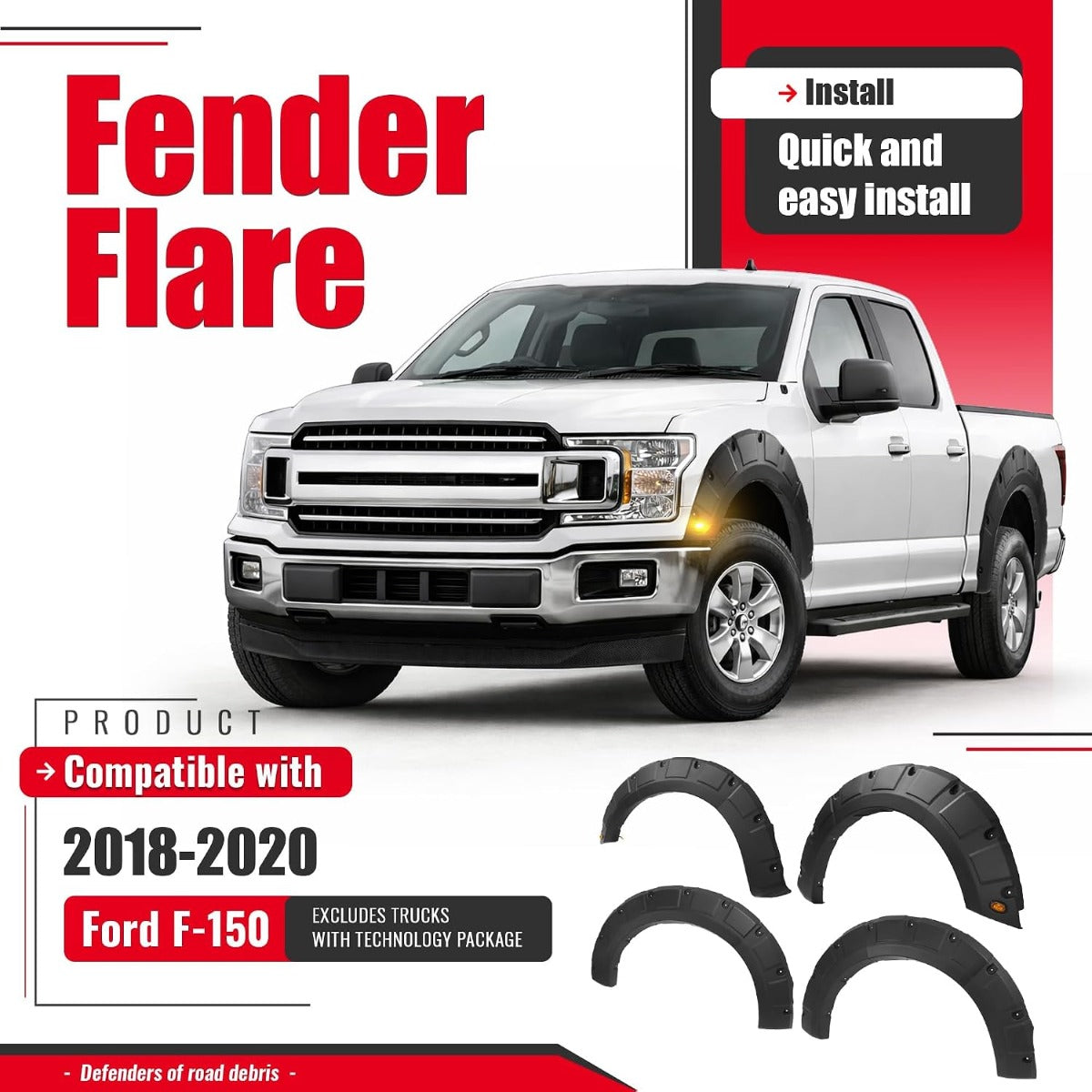 4-piece fender flare set for 2018–2020 Ford F-150 | excluding models with Technology Package, 3 pieces per set rivet-style mount plastic (PP) material black textured finish