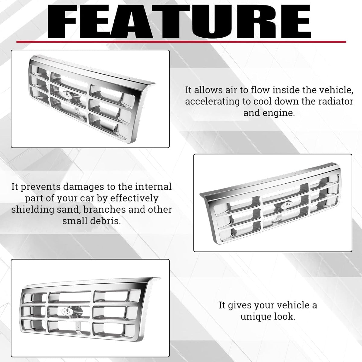 Front Grille Grill Compatible with 1992-1997 Ford Bronco F-150 F-250 HD F-350 Bumper Grille Replacement for FO1200173 F4TZ8200A Grill Assembly Chrome Silvery