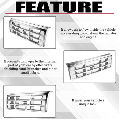 Front Grille Grill Compatible with 1992-1997 Ford Bronco F-150 F-250 HD F-350 Bumper Grille Replacement for FO1200173 F4TZ8200A Grill Assembly Chrome Silvery