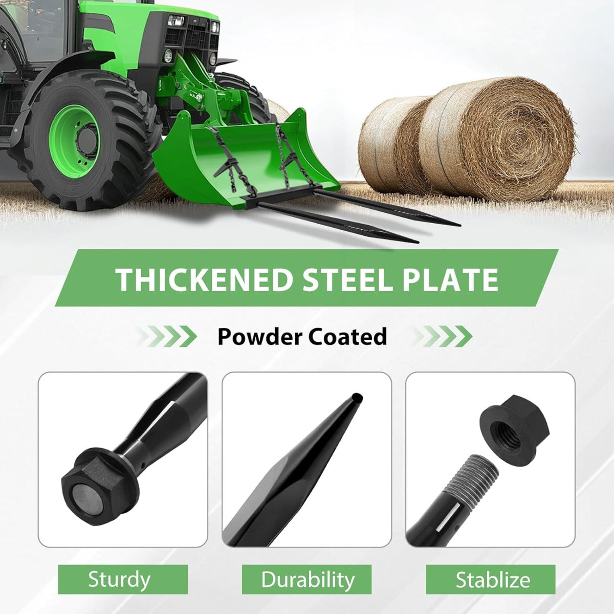 47 Inches Hay Bale Spear Pair 3000 lbs Capacity Fit for Skid Steer Tractors Loaders Buckets Cranes Bale Quick Attach Spike Forks Black Steel Powder Coated