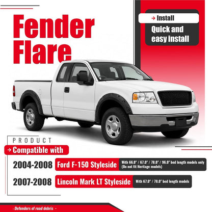 Fender Flare Compatible with 2004-2008 Ford F150/Lincoln Mark LT | Styleside Model Front & Rear 4Pcs Wheel Arch Cover Protector Set Plastic(PP) Textured Black