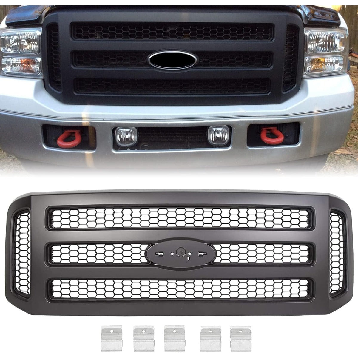 Front Grille Compatible with 2005-2007 Ford F250 F350 F450 F550 Super Duty Excursion Upper Bumper Hood Grill Painted Black Replacement for FO1200457 5C3Z8200BAA
