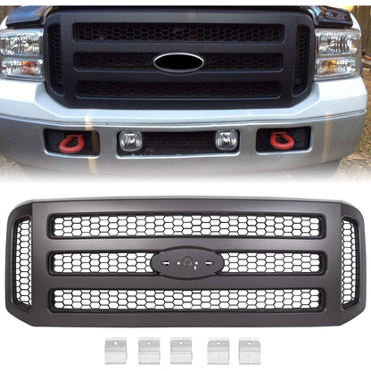 Front Grille Compatible with 2005-2007 Ford F250 F350 F450 F550 Super Duty Excursion Upper Bumper Hood Grill Painted Black Replacement for FO1200457 5C3Z8200BAA
