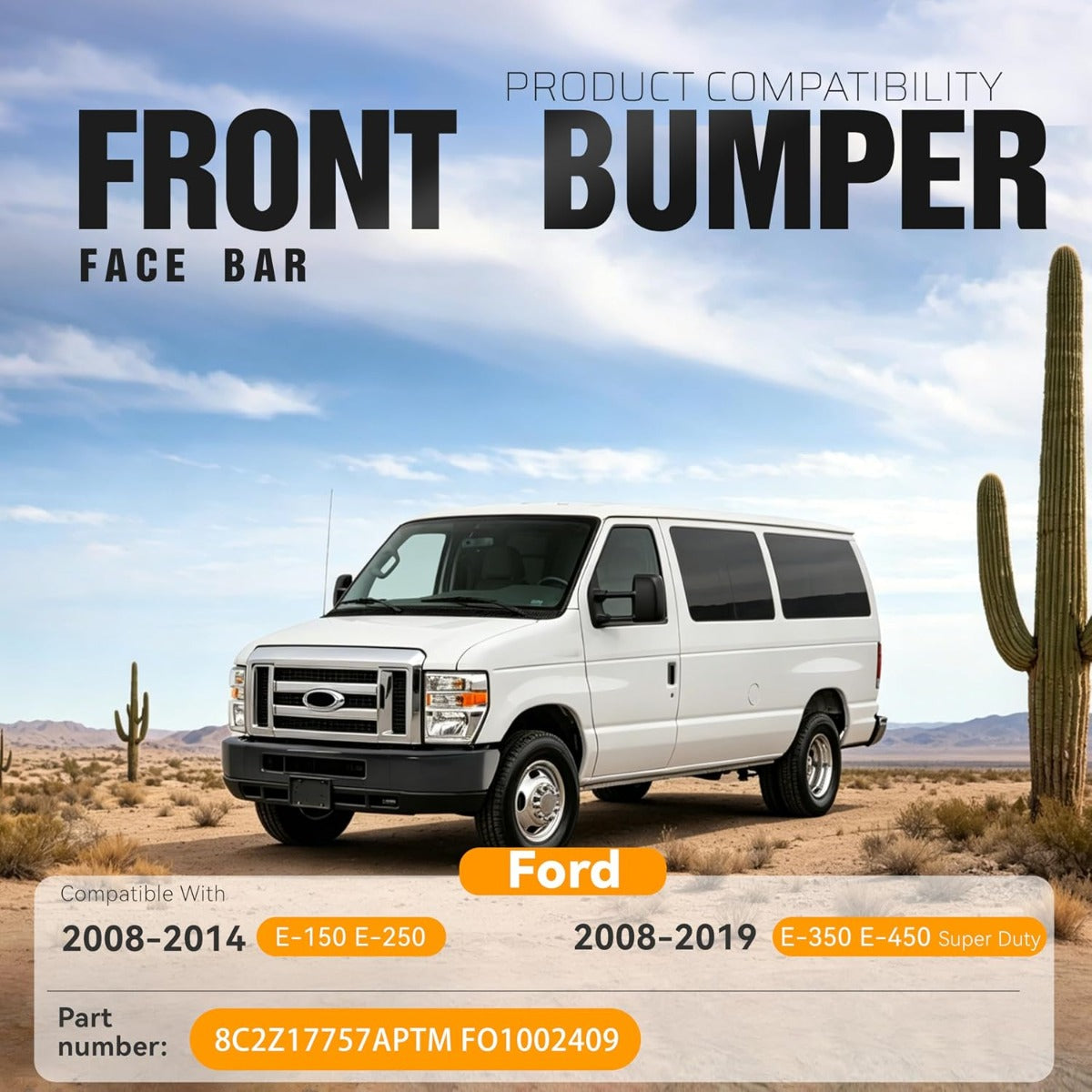 ALMULOO Front Bumper Face Bar Compatible with 2008-2014 Ford E-150/Ford E-250 and 2008-2019 Ford E-350 Super Duty/E-450 Super Duty Replace 8C2Z17757APTM FO1002409 Steel Powder Coated Black