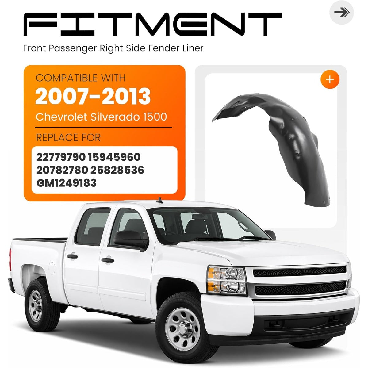 Front Right Fender Liner Compatible with 2007-2013 Chevy Chevrolet Silverado 1500 Replace for 22779790 15945960 20782780 25828536GM1249183 Plastic(PE) Wheel Liner Splash Guard Unfinished Black