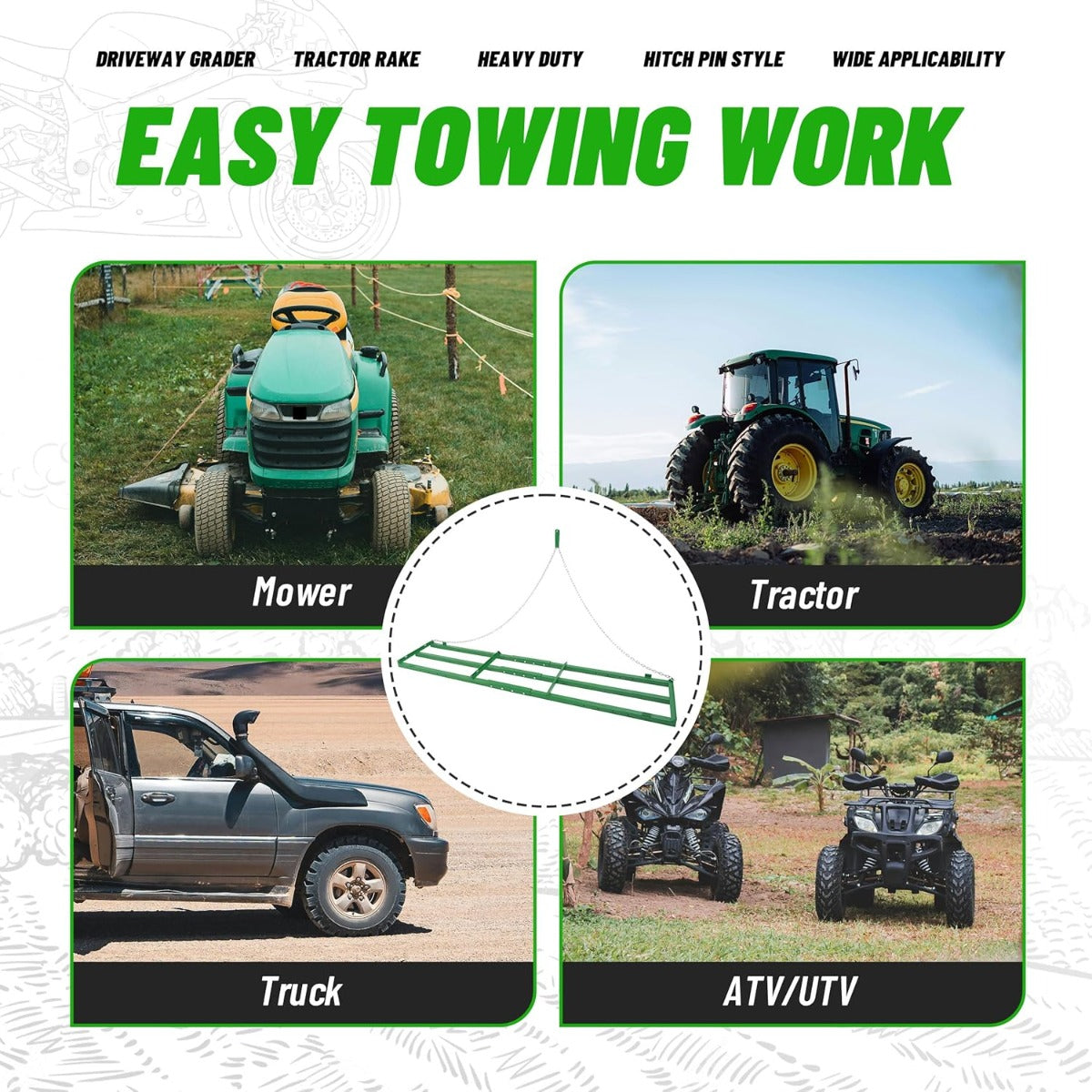 8FT Drag Harrow Driveway Grader Heavy Duty Tow Behind Drag Lawn Leveling Rake for UTV ATV Tractor Mower Land Leveler Lawn Leveling Rake W/ 6FT Chain (Green)