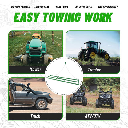 8FT Drag Harrow Driveway Grader Heavy Duty Tow Behind Drag Lawn Leveling Rake for UTV ATV Tractor Mower Land Leveler Lawn Leveling Rake W/ 6FT Chain (Green)