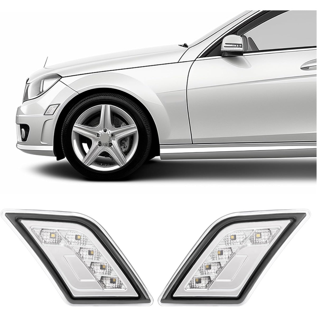 HECASA Pair LED Side Marker Lights Compatible with 2008-2011 Mercedes-Benz C300 C350 C63 AMG 4 Door Sedan Models Side Marker Lamps Replacement for MB2554100 MB2555100 LH&RH Clear Lens Chrome Housing
